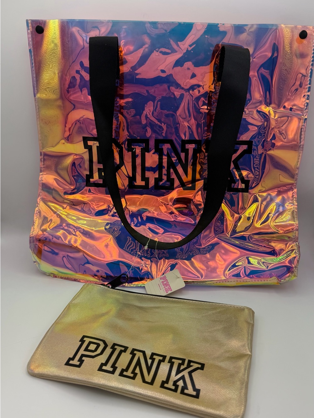 PINK Victoria's Secret Iridescent Holographic Tote with Gold Pouch